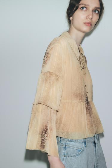 Zara METALLIC THREAD PRINTED SHIRT WITH RUFFLES - Snake