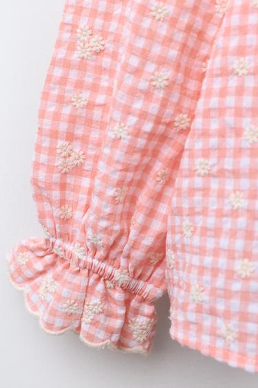 BLOUSE À CARREAUX VICHY ET FLEURS BRODÉES - Rose clair de Zara - Image 3