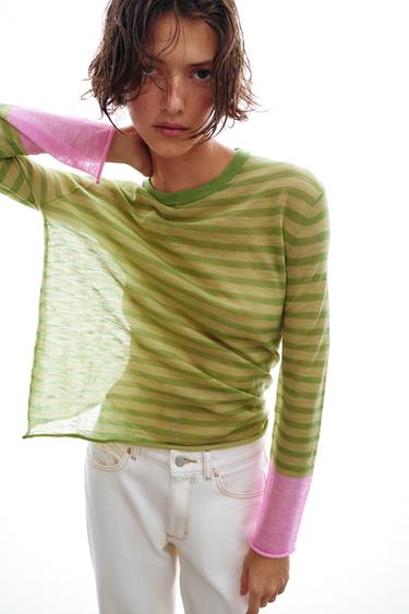 Zara STRIPED KNIT JUMPER - Green stripe