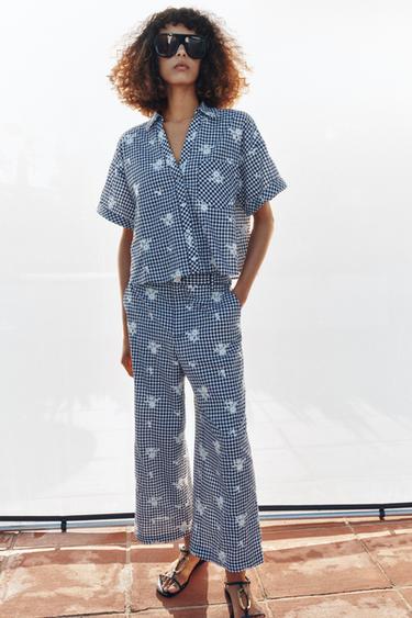 EMBROIDERED CHECK SHIRT - Navy / White by Zara - Image 0