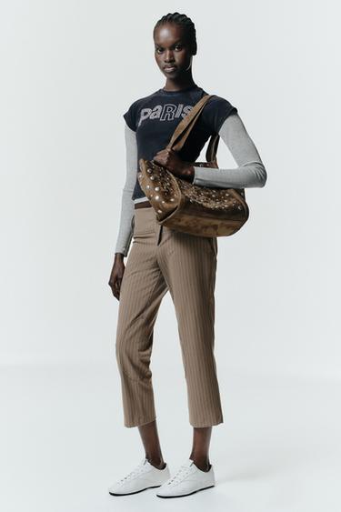 Zara PINSTRIPE CAPRI PANTS - Light tan