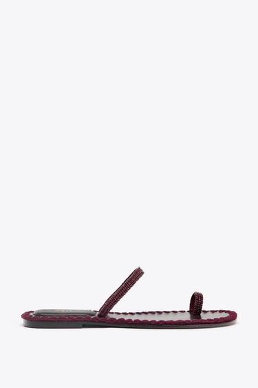 Zara BEADED TOPSTITCHED SANDALS - Burgundy Red