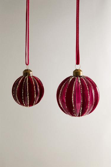STRIPED VELVET BAUBLE CHRISTMAS TREE DECORATION - Red by Zara - Image 0