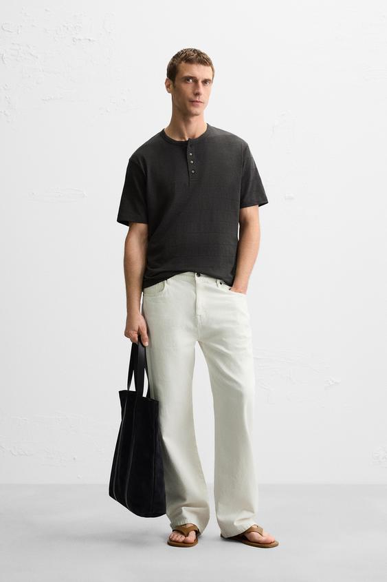 STRIPED GRANDAD COLLAR T-SHIRT