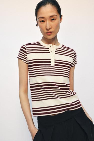 Zara STRIPED HENLEY T-SHIRT - Striped