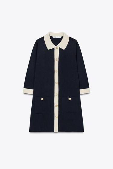 ROBE COURTE EN MAILLE À BOUTONS DORÉS - Bleu marine / Blanc de Zara