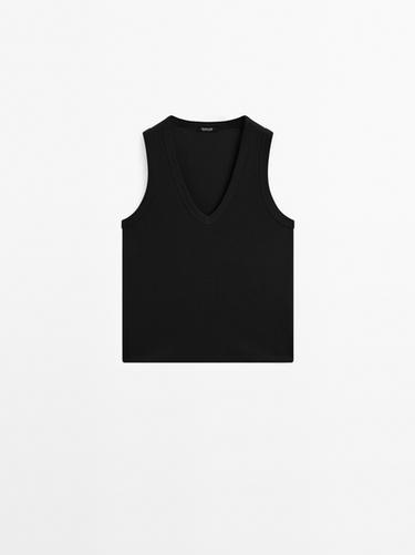 T-shirt sans manches en coton mercerisé - Noir de Zara