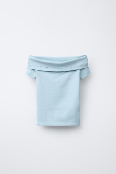 Zara OFF SHOULDER STUDDED T-SHIRT - Blue