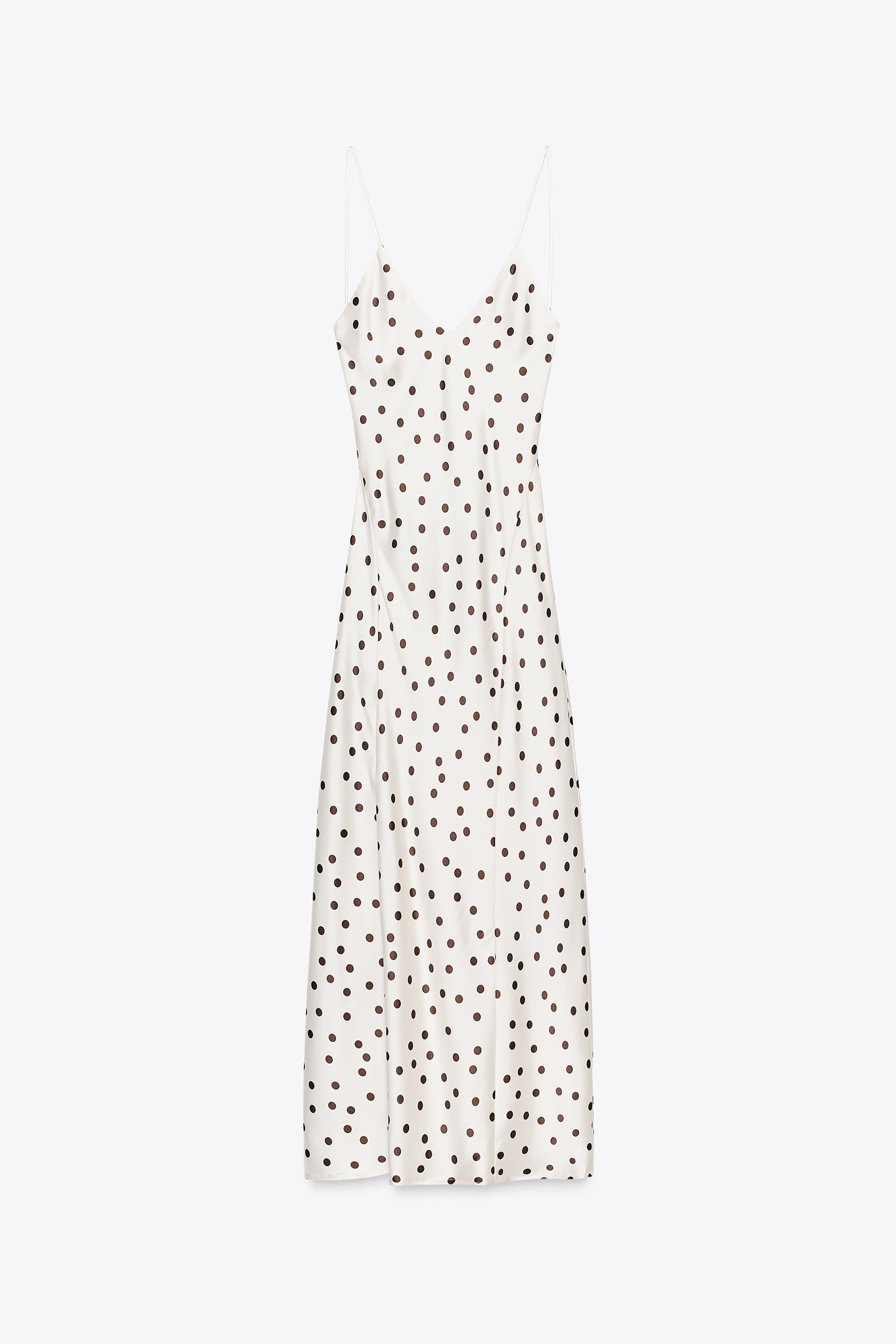 ZARA ドット柄サテンミディワンピース 3067/214 ドット柄サテンミディワンピース - エクリュ/ブラウン | ZARA