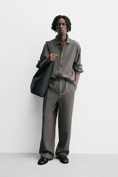Zara WRINKLED EFFECT STRIPED FLOWY PANTS - Gray