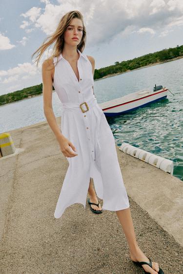 POPLIN MIDI DRESS WITH BELT - White by Zara
