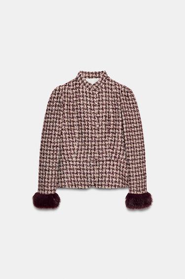 フェイクファーカフスブレザーボルドー/生成りZaraのフェイクファーカフスブレザー - ボルドー/生成り 