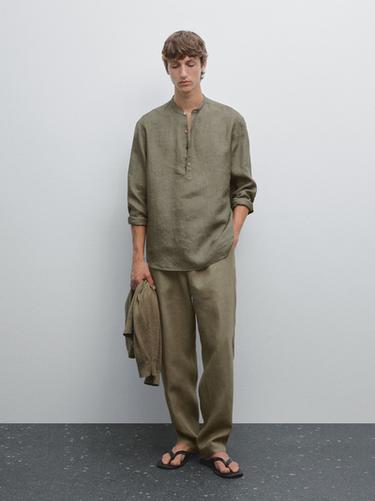 Zara Regular fit linen shirt delavé - Green - Image 0