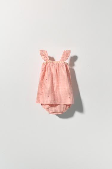 GINGHAM CHECK DRESS AND BRIEFS WITH EMBROIDERED FLOWERS - Pink by Zara