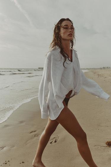 LINEN BLEND SHIRT WITH PUFF HEM - White by Zara