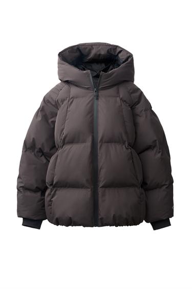 Zara WATER REPELLENT PUFFER HOODIE JACKET - Dark brown