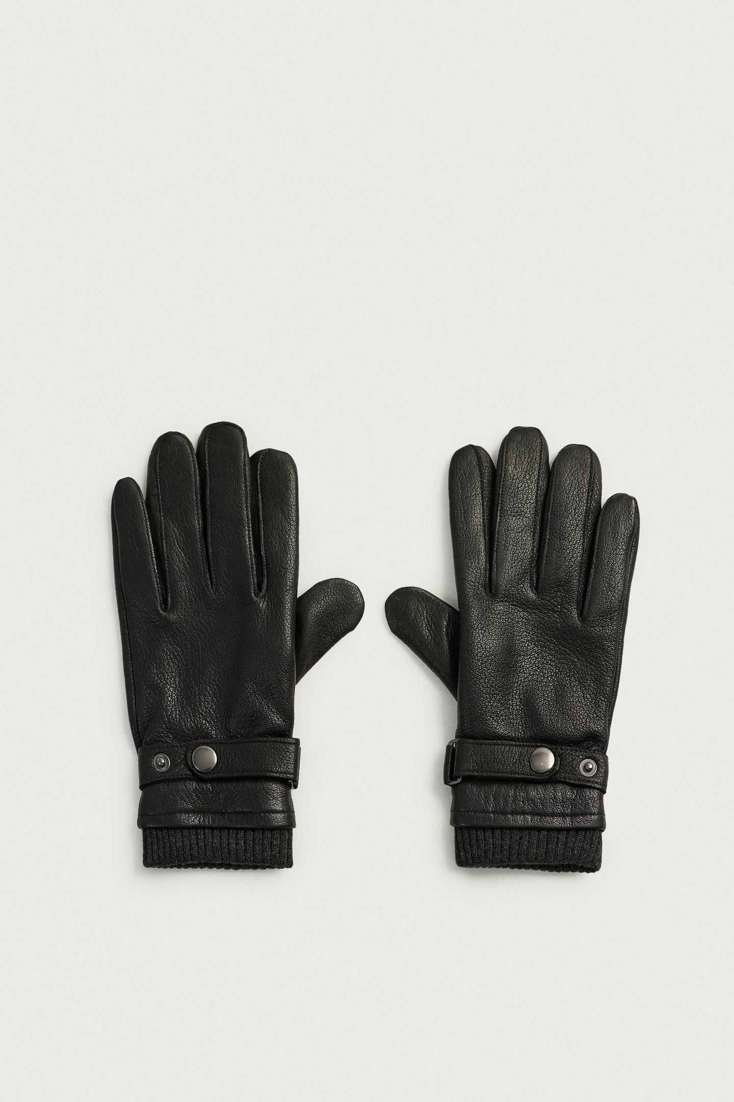 Мужские перчатки Zara Combined Leather and Knit Gloves, цвет: Чёрный — фото 2