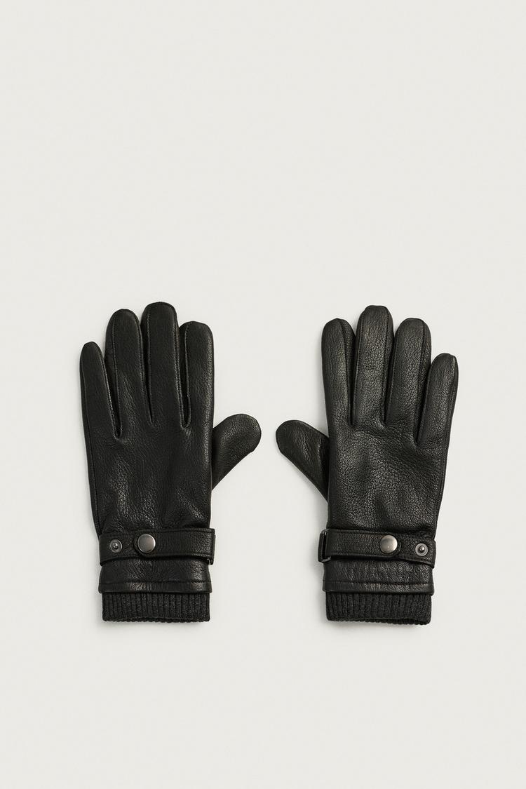 COMBINED LEATHER AND KNIT GLOVES — Black