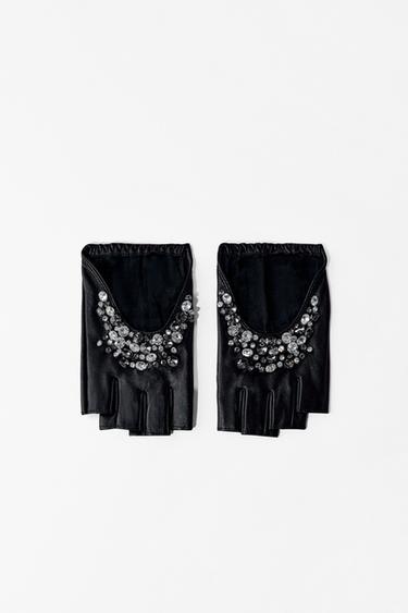 JEWELLED LEATHER MITTENS - Black by Zara