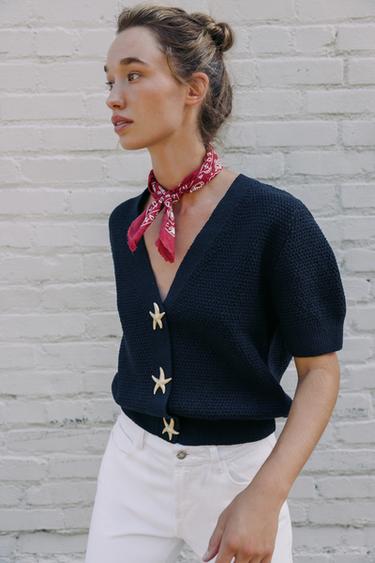 Zara STAR BUTTON TEXTURED KNIT CARDIGAN - Navy blue