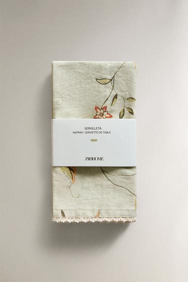 PACK OF FLORAL PRINT AND LACE TRIM NAPKIN (PACK OF 2) - Green by Zara - Image 4