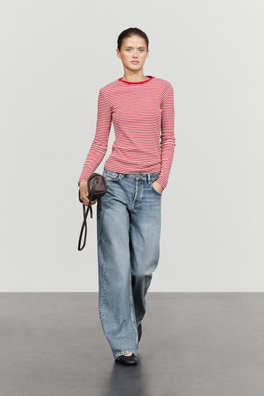 Zara 100% cotton long sleeve striped T-shirt - Red - Image 0