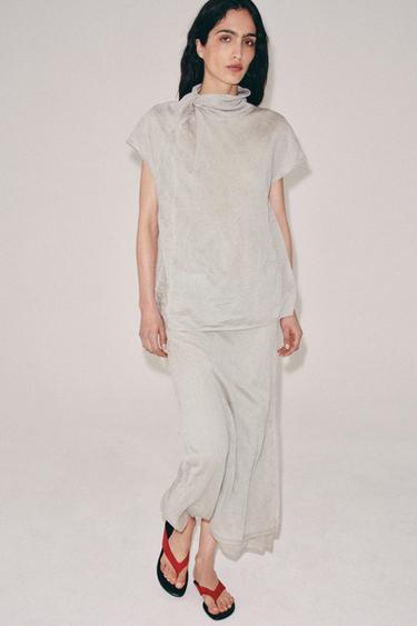 Zara WRINKLED EFFECT KNIT MIDI SKIRT - Sand / Marl - Image 0