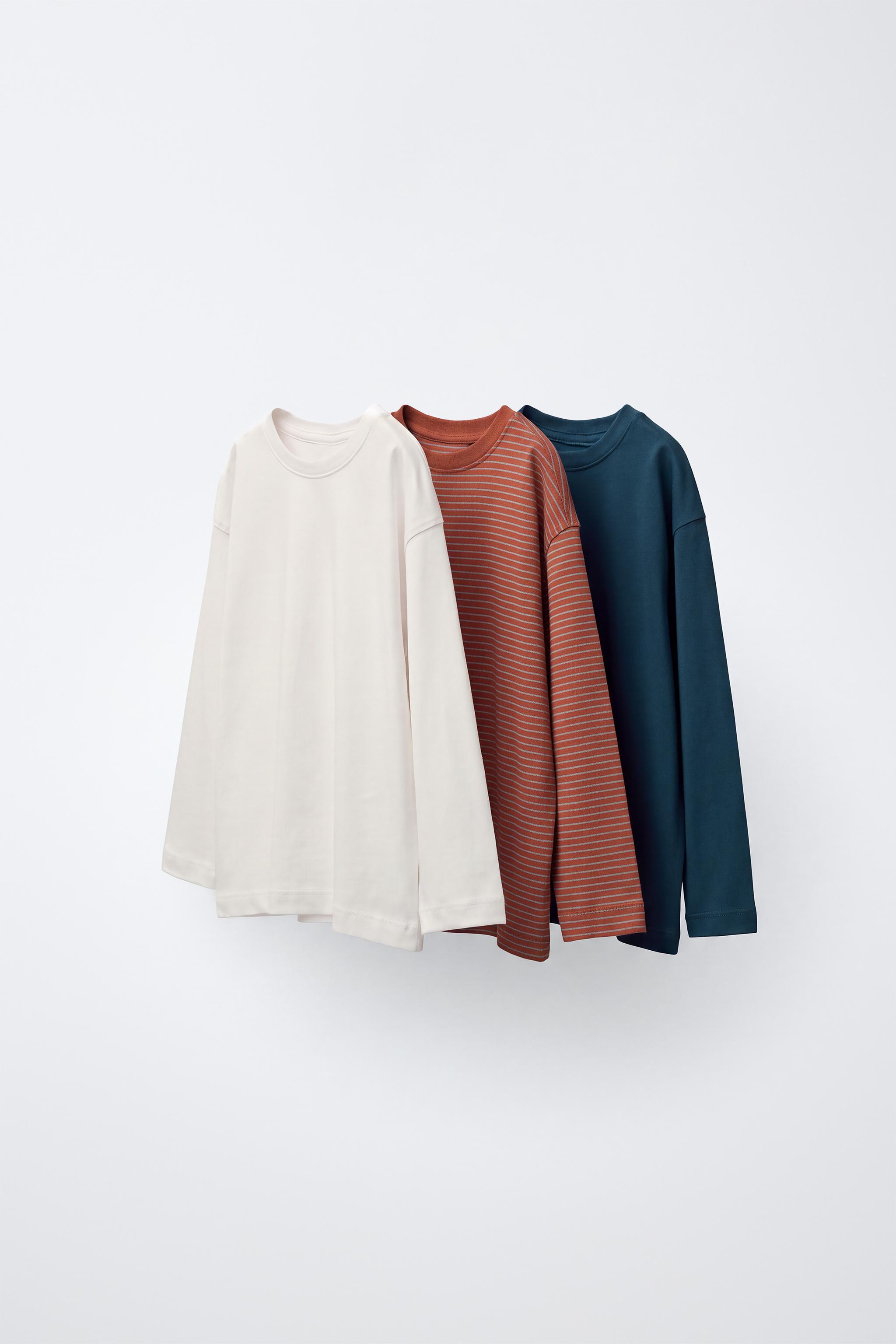 LOT TROIS T-SHIRTS À MANCHES LONGUES RAYURES ET UNIS
