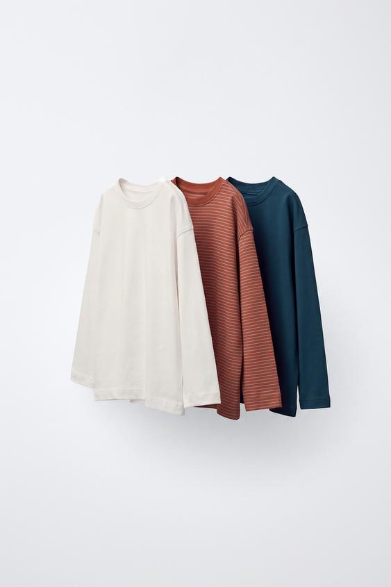 Zara 3-PACK OF STRIPED AND PLAIN LONG SLEEVE T-SHIRTS - Brick - Image 0