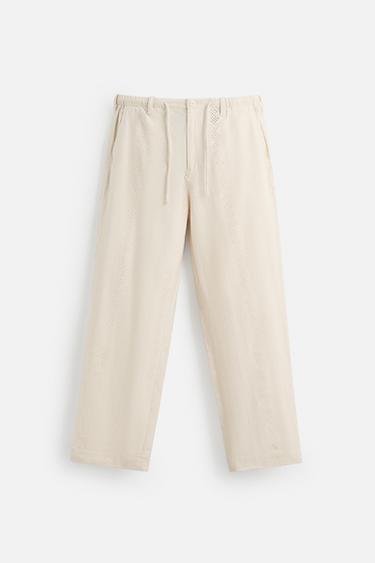 CALÇA DE ALGODÃO - LINHO BORDADO VAZADO - Bege-claro da Zara