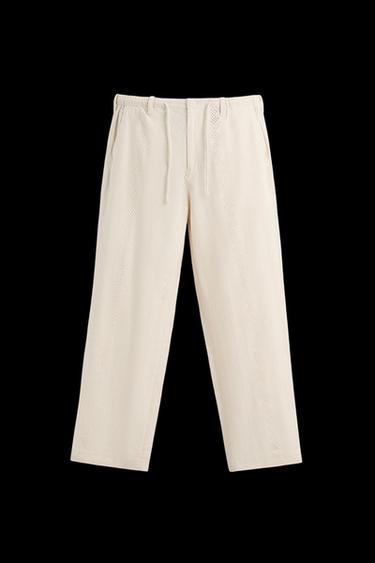 Zara EMBROIDERED CUTWORK COTTON - LINEN PANTS - Light beige - Image 0