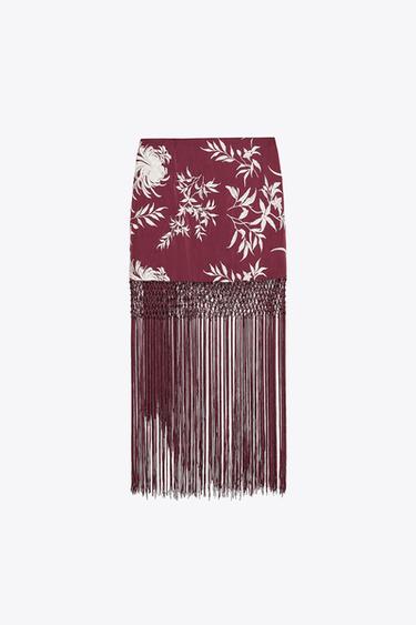EMBROIDERED FRINGED WRAP SKIRT - Burgundy by Zara - Image 6