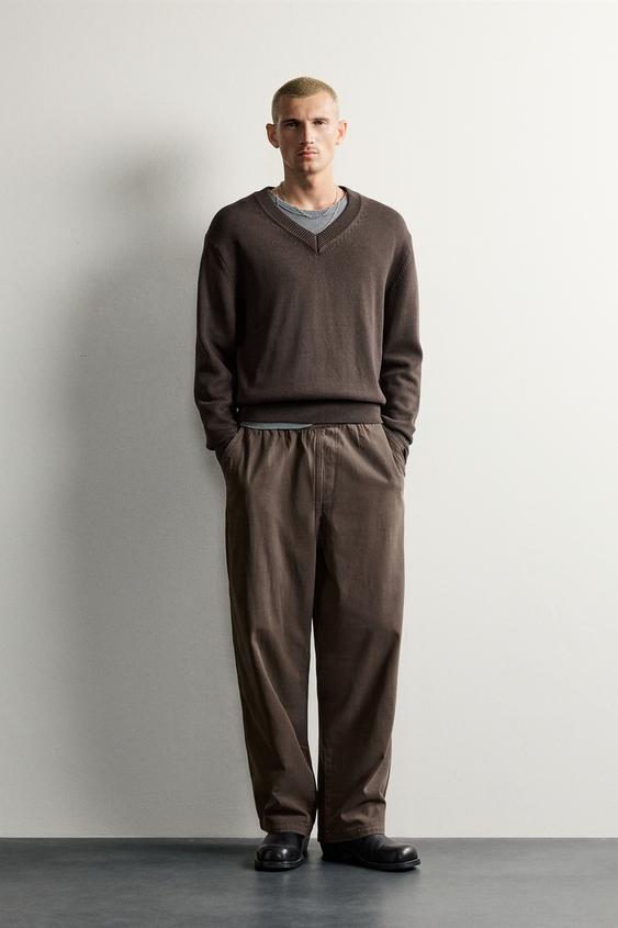 Zara 休閒版人字紋長褲 - 棕色 - 圖片 0
