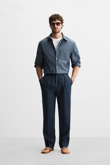 100% LINEN PLEATED TROUSERS - Dark navy by Zara - Image 0