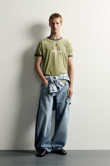 CONTRAST RIB WASHED PRINT T-SHIRT - Khaki by Zara - Image 0