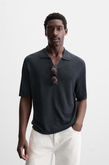 100% HEMP KNIT POLO SHIRT - Navy blue by Zara