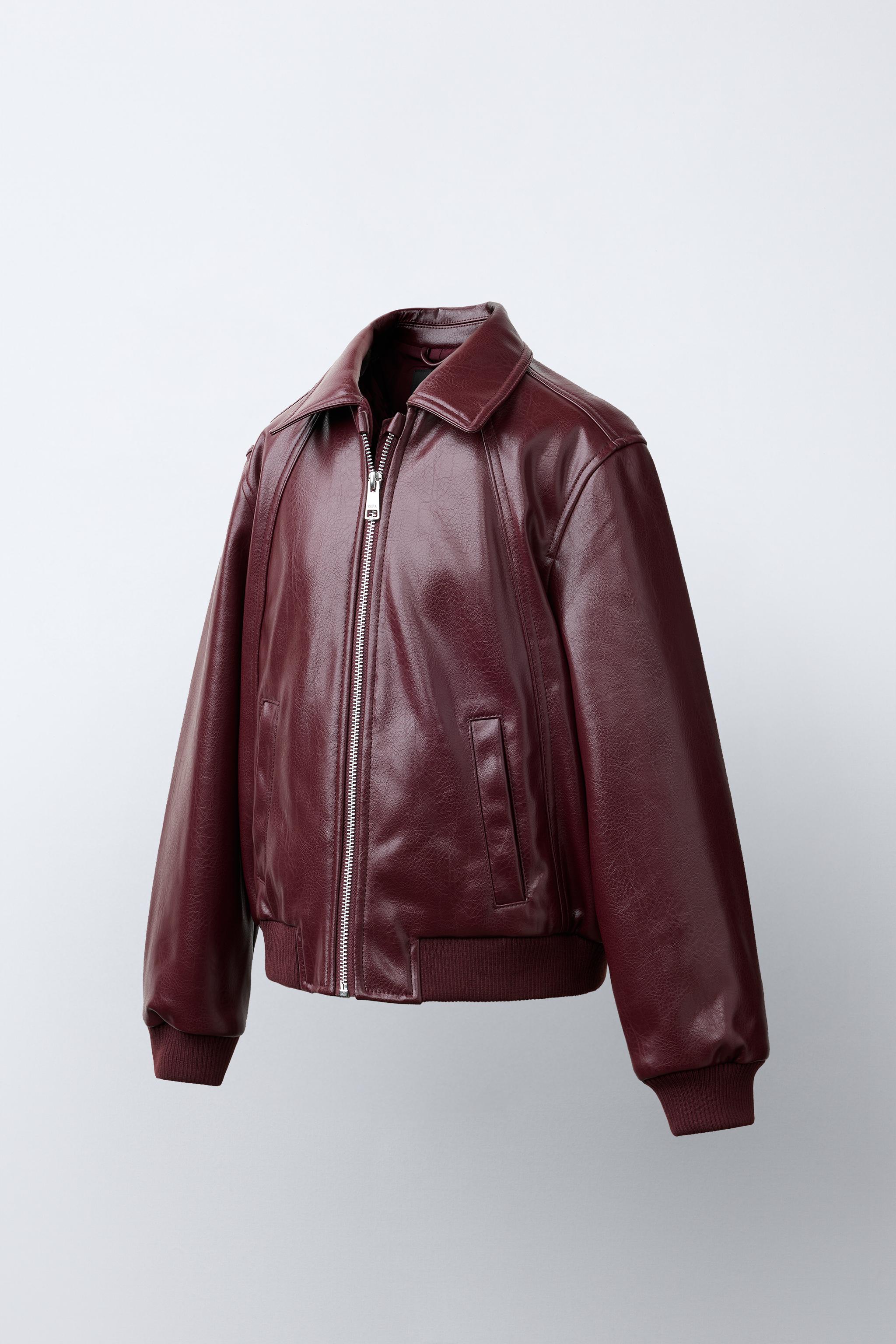 FAUX LEATHER BOMBER JACKET — Burgundy