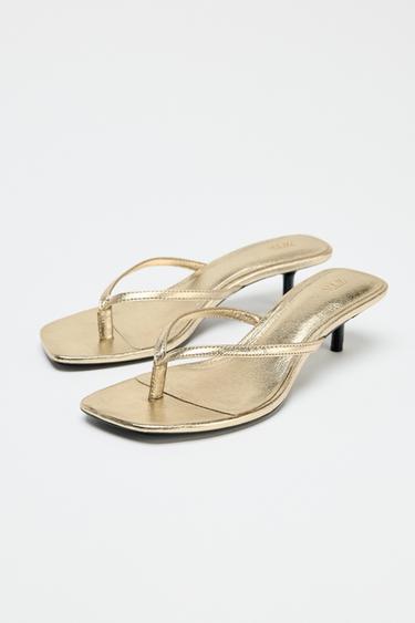 METALLIC KITTEN-HEEL SANDALS - Gold de Zara - Image 1