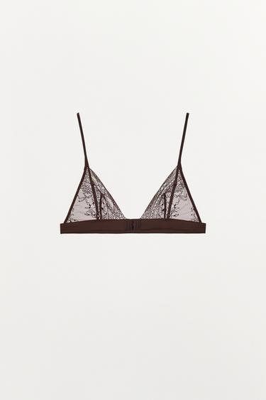 LACE TRIANGLE BRA WITH CONTRAST DETAIL - Dark brown by Zara - Image 4