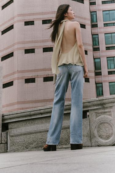 Zara TRF 中腰破損寬管牛仔褲 - 藍色