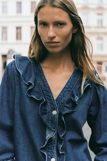 ÁO SƠ MI DENIM Z1975 RÁP BÈO - Màu xanh dịu từ Zara