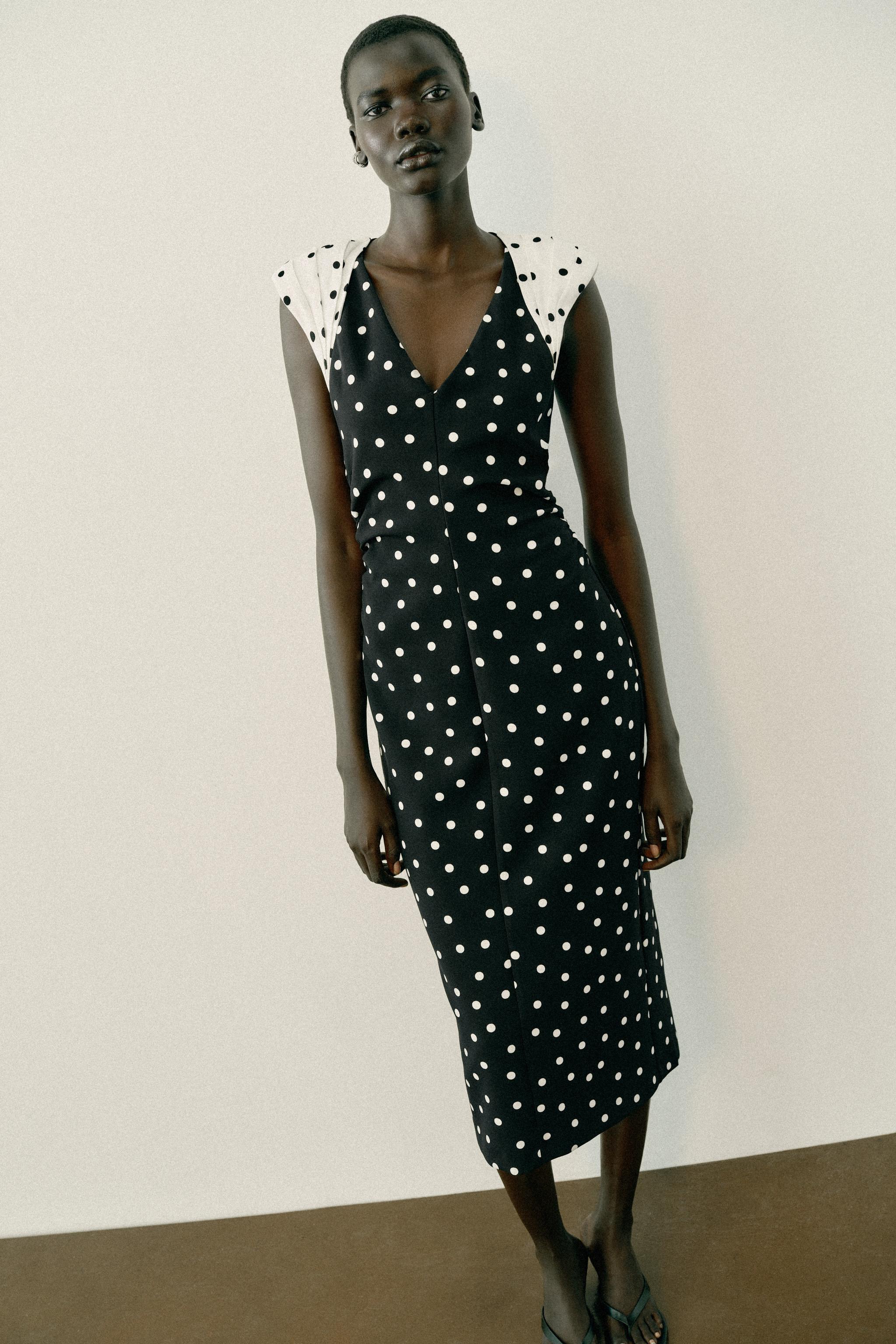 POLKA DOT MIDI DRESS WITH SHOULDER PADS