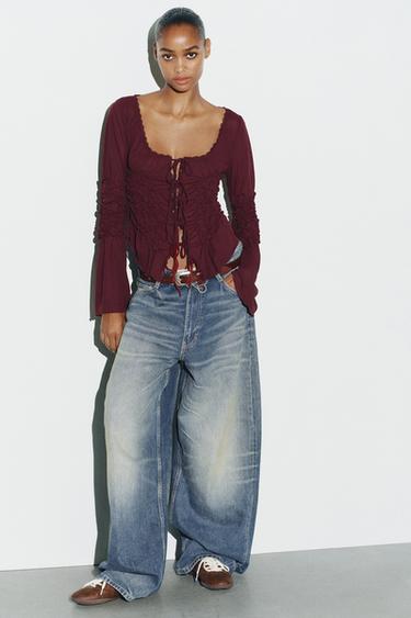ტოპი ბაფთებიანი ნაკეცებით - Zara-ს Burgundy