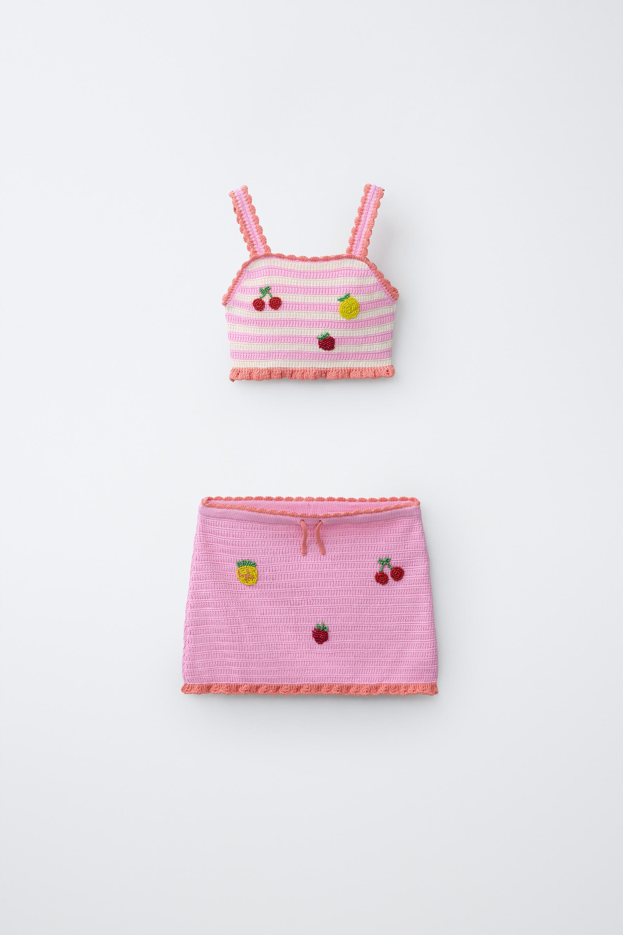 ENSEMBLE TOP ET PAREO EN MAILLE CROCHET FRUITS RAYURES