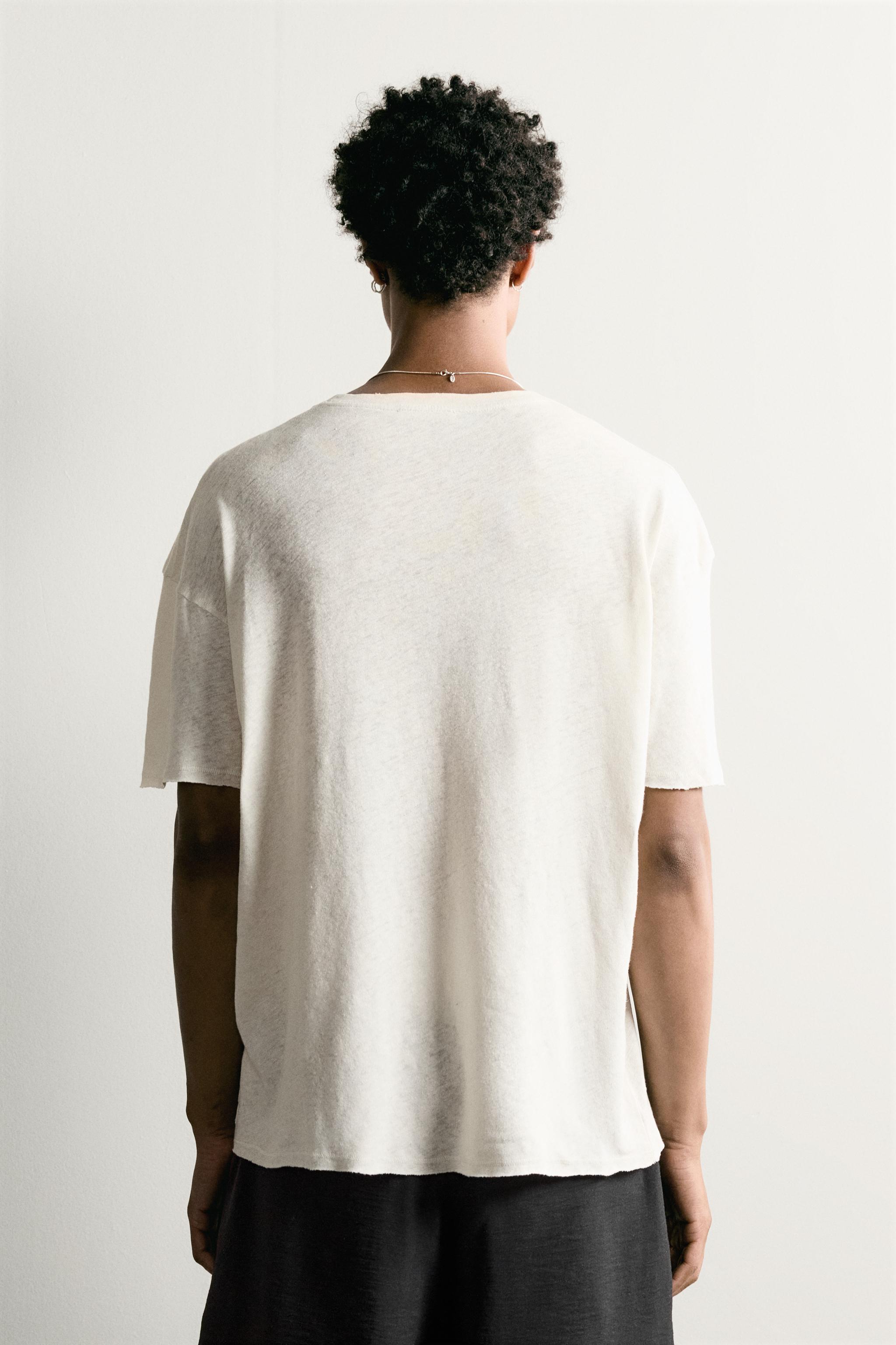 Мужские футболки Zara WASHED COTTON-LINEN T-SHIRT WITH TEXT — фото 3