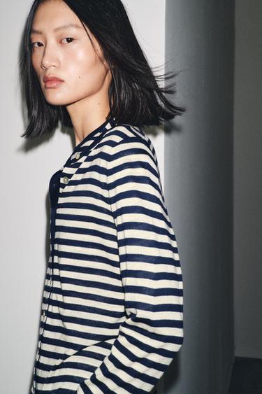 STRIPED KNIT CARDIGAN - Ecru / Blue de Zara - Image 2