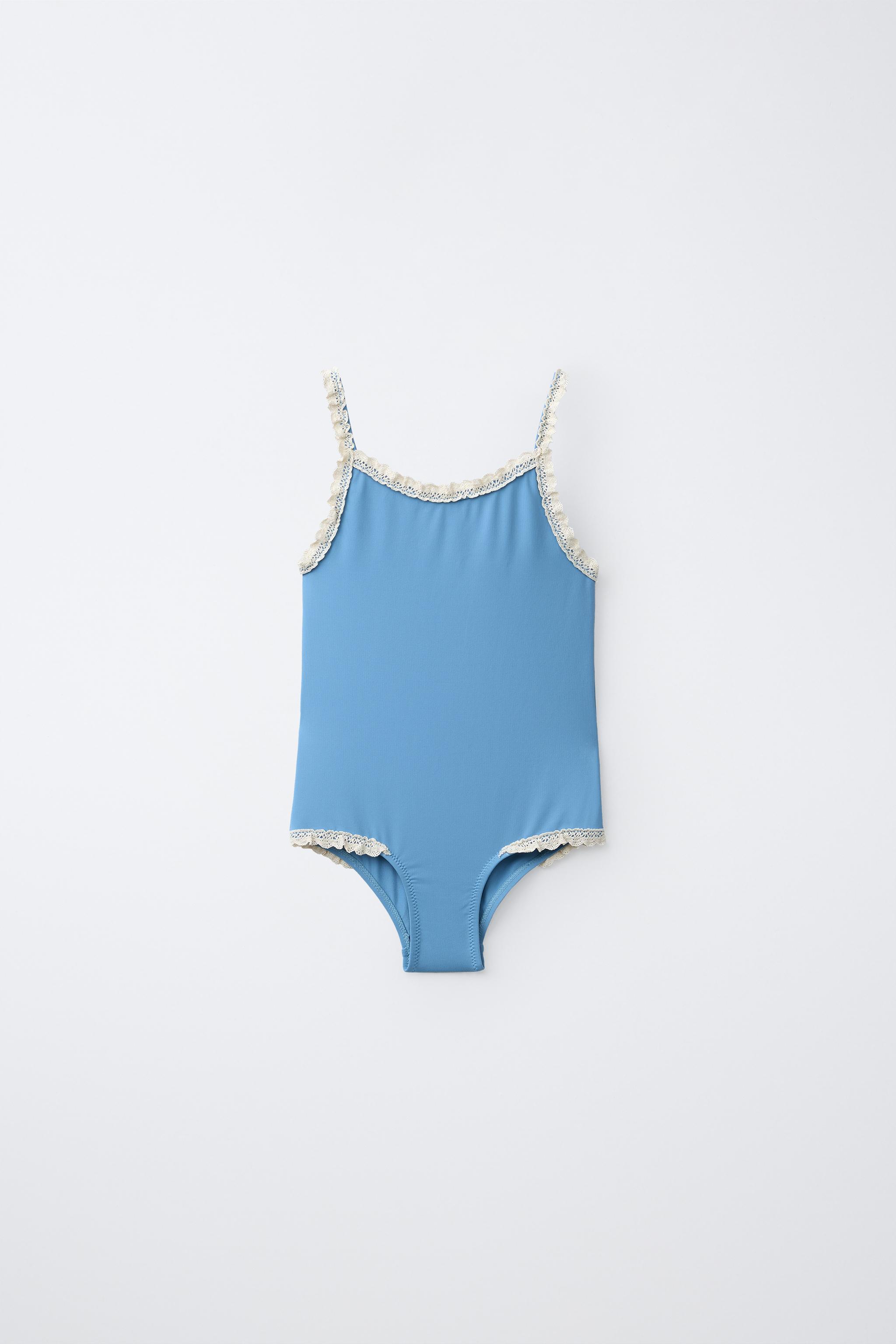 6-14 YEARS/ CONTRAST LACE TRIM SWIMSUIT — Petrol blue