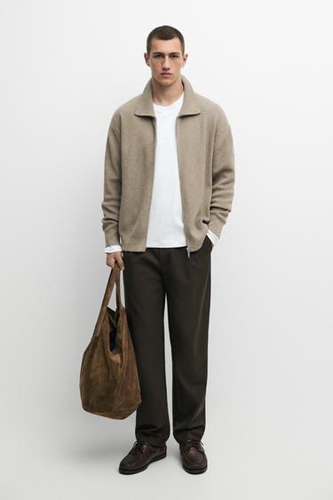 Zara 100% cotton ribbed knit cardigan - Khaki marl - Image 0