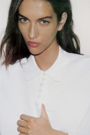 POPLIN SHIRT WITH FAUX PEARLS - White by Zara - Image 4