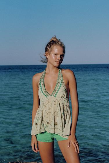 TOP HALTER ESTAMPADO BORDADOS - Verde agua de Zara